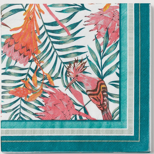 Serviette en papier motif coloré, dessins oiseaux roses, fleurs et branchages sur fond blanc et bordure verte