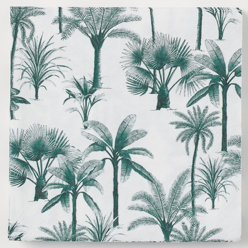 Serviette en papier motif palmiers divers verts sur fond blanc
