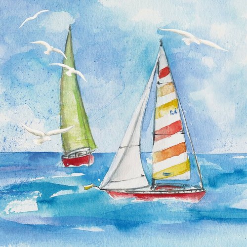 Serviette en papier motif bateaux voiliers mouettes mer aquarelle
