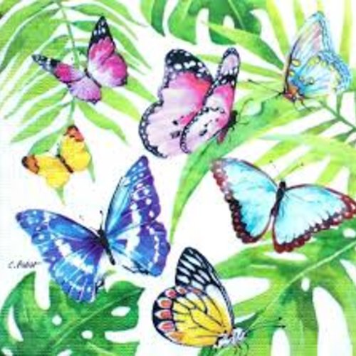 Serviette en papier motif coloré, papillons multicolores sur fond blanc avec feuillages 