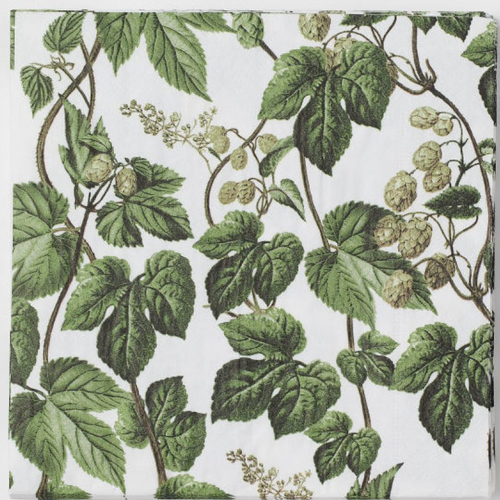 Serviette en papier motif feuillage (feuilles et fruits) vert sur fond blanc