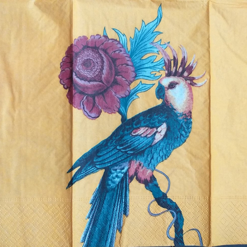 Grande serviette en papier motif 2 perroquets / cacatoes colorés sur fond jaune orangé