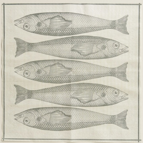 Grande serviette en papier motif 5 poissons entiers (type bar) sur fond beige