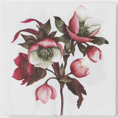 Serviette en papier motif - fleurs roses et rouges avec feuillage