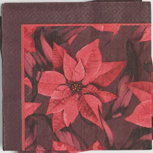 Serviette en papier motif dessins feuilles et fleurs rouges sur fond violet