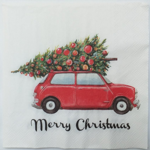 Serviette en papier motif de noël -  xmas car - mini voiture rouge transportant sapin décoré