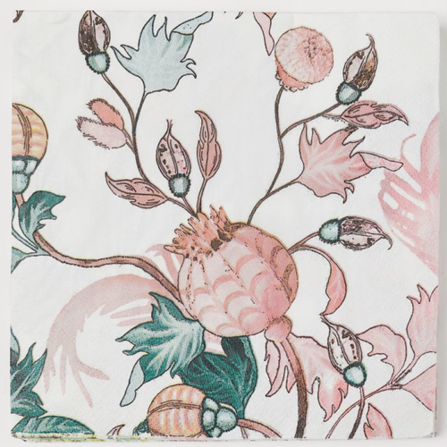 Serviette en papier motif - diverses fleurs roses avec feuillage sur fond blanc