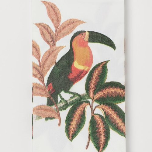 Grande serviette en papier motif toucan sur sa branche sur fond blanc