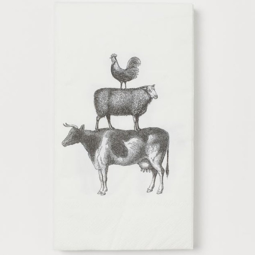 Grande serviette en papier motif animaux de la ferme empilés (vache, mouton et coq)