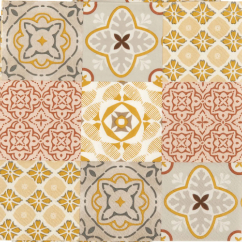 Serviette en papier motifs géométriques azulejos / carreaux de ciment gris, rose et jaune