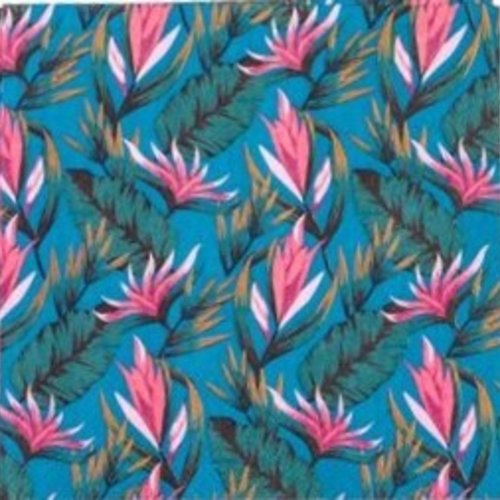 Serviette en papier motif fleurs roses et feuillage sur fond bleu turquoise