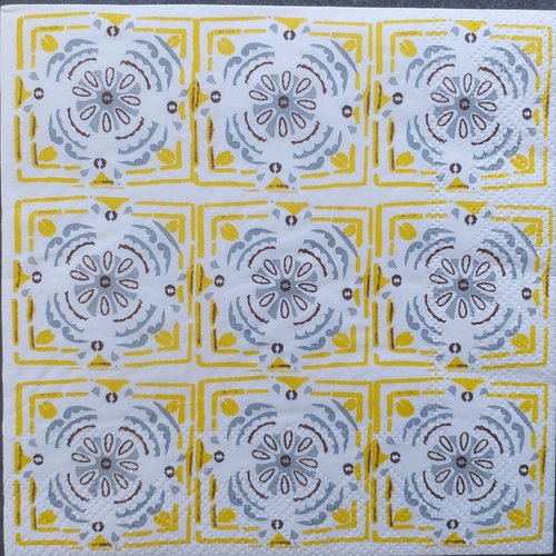 Serviette en papier motifs géométriques azulejos / carreaux de ciment gris et jaune