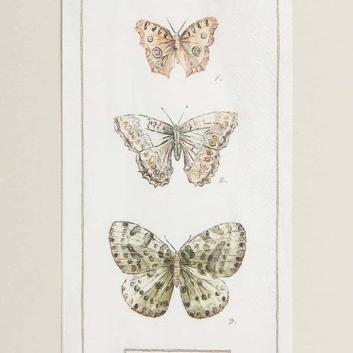 Serviette en papier motif 3 papillons tons pastels sur fond ivoire