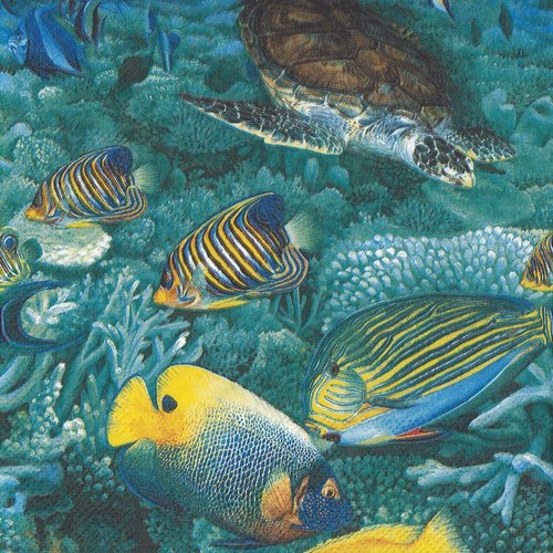Serviette en papier motif poissons exotiques colorés et tortue sur fond bleu vert