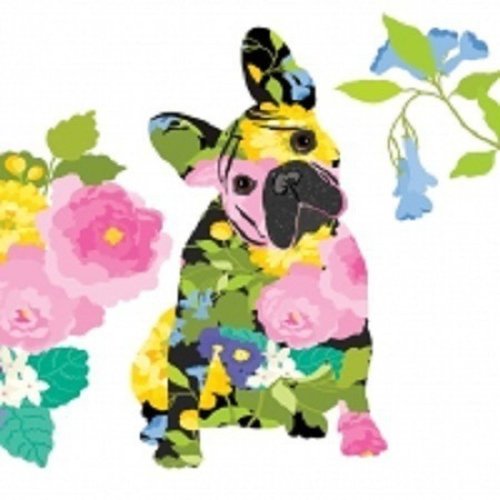 Serviette en papier motif chien bouledogue dessiné avec motifs fleuris