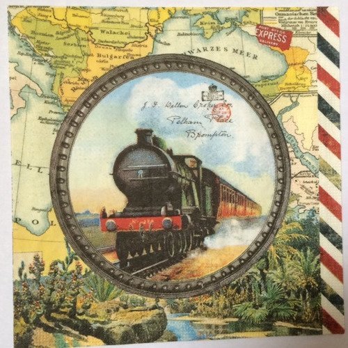Serviette en papier motif train locomotive sur fond de carte du monde