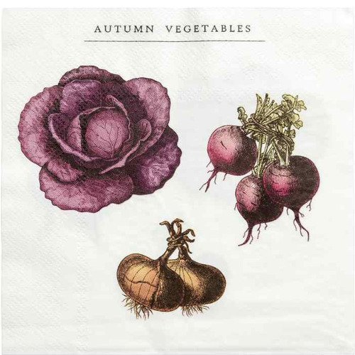 Serviette en papier motif légumes d'automne (oignon, chou rouge, navet) sur fond blanc