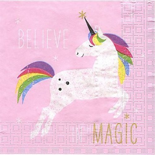 Serviette en papier motif licorne "believe in magic" sur fond rose 
