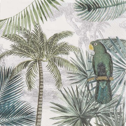 Serviette en papier motif perroquet vert sur fond de verdure - palmiers