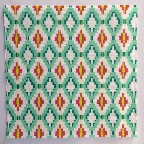 Serviette en papier motif géométriques moucharabieh losanges vert et rouge ou azulejos 