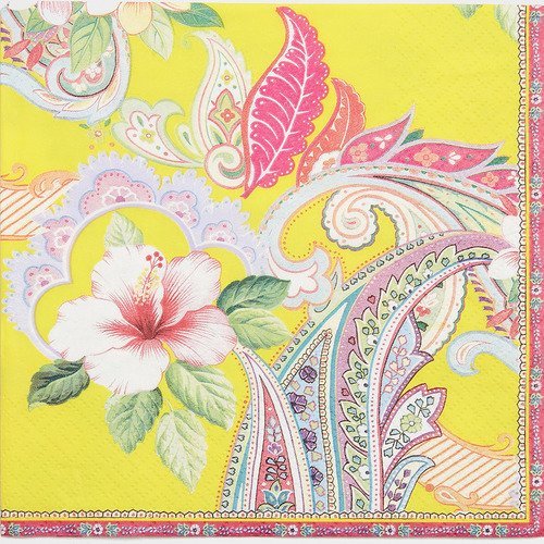 Serviette en papier motif dessins motifs paisley (style cachemire ou iran) tons jaunes et roses 
