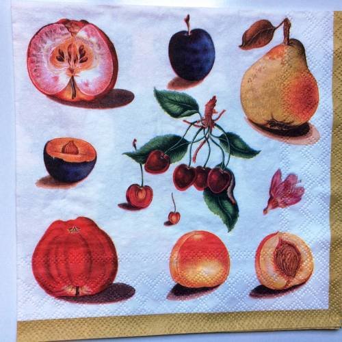 Serviette en papier motif fruits dessinés et coupés (cerises poire, péche, abricot..) sur fond blanc 