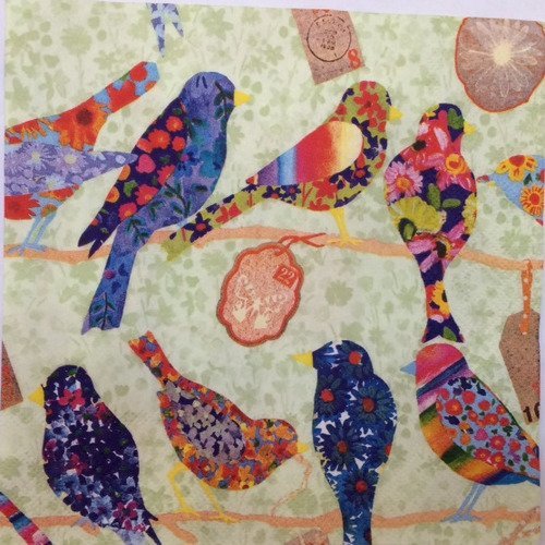 Serviette en papier motif coloré, dessins oiseaux et branchages colorés 