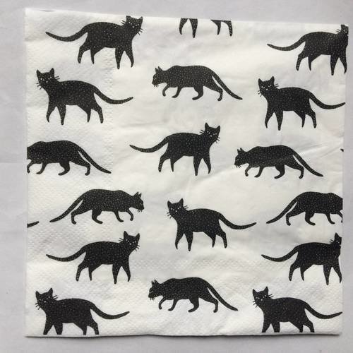 Serviette en papier motif silhouettes de chats noirs sur fond blanc 