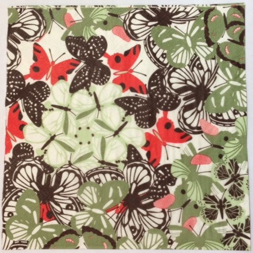 Serviette en papier motif coloré, papillons et fleurs vert /rose 