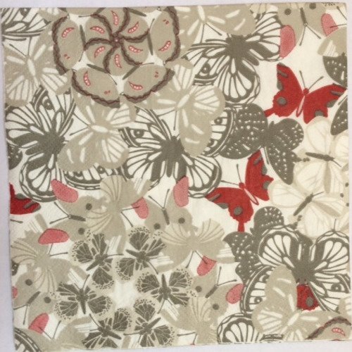 Serviette en papier motif coloré, papillons et fleurs gris /rose 