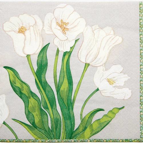 Serviette en papier motif fleur tulipes blanches sur fond beige 