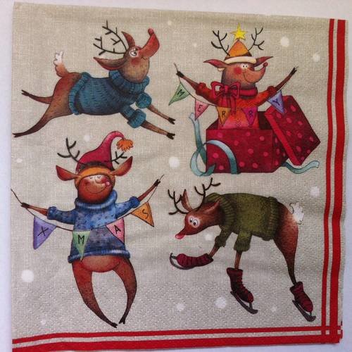 Serviette en papier motif coloré, animaux personnages rennes déguisés sur fond gris avec bordure rouge