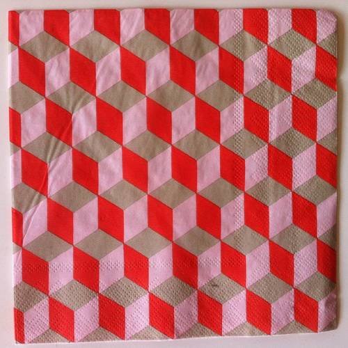 Serviette en papier motif graphique et géométrique de cubes (escalier hypnotique) coloré 