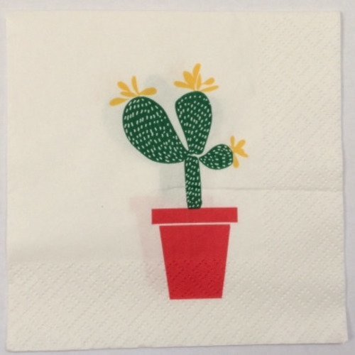 Serviette en papier petit format - motif graphique stylisé cactus en pot sur fond blanc 