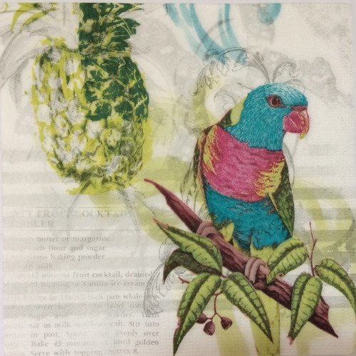 Serviette en papier motif perroquet - perruche bleu et rose avec ananas tons verts et blancs