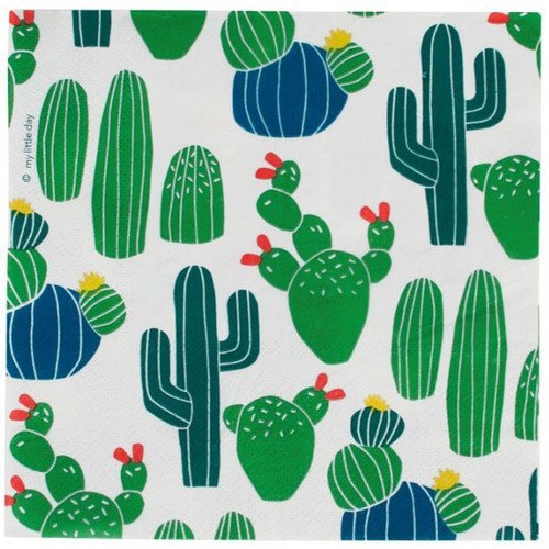 Serviette en papier motif divers cactus verts et bleus sur fond blanc 