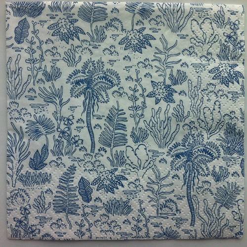 Serviette en papier motif plantes diverses palmiers fougères bleus sur fond blanc 