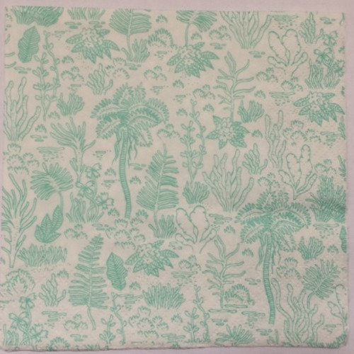 Serviette en papier motif plantes diverses palmiers cactus fougères verts sur fond blanc 
