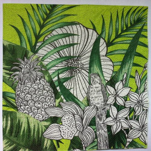 Serviette en papier motif perroquet, ananas, fougères et fleurs tons verts et blancs 
