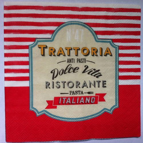 Serviette en papier motif "trattoria pizza italie - pasta ristorante" sur fond rayé rouge ou bleu 