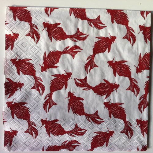 Serviette en papier motif poissons (carpes koi) stylisés rouges sur fond blanc 