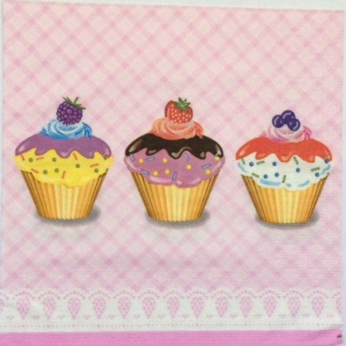 Serviette en papier motif trois gateaux cupcakes colorés sur fond vichy rose 