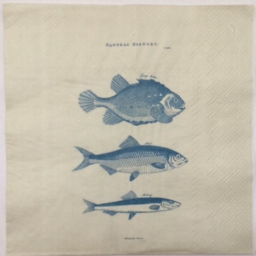 Serviette en papier motif 3 poissons bleus sur fond beige/taupe 