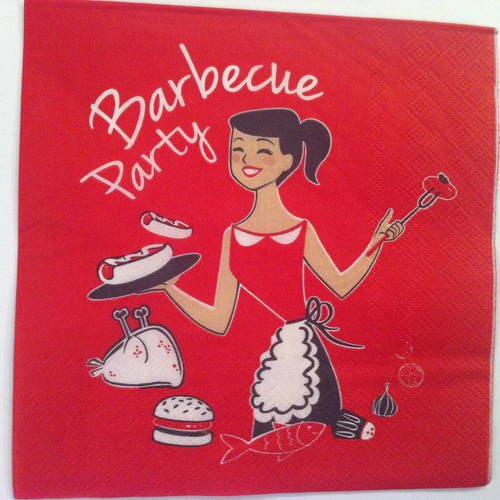 Serviette en papier motif "barbecue party"  sur fond rouge