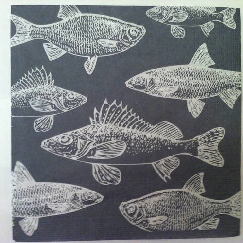 Serviette en papier motif poissons "carpes" blanches sur fond gris 