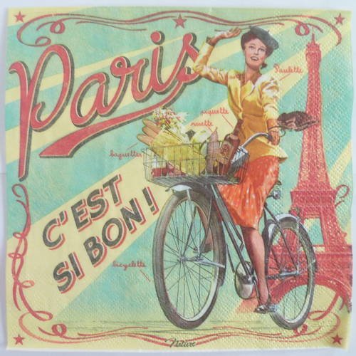 Serviette en papier motif "paris c'est si bon" parisienne sur son vélo avec tour eiffel 