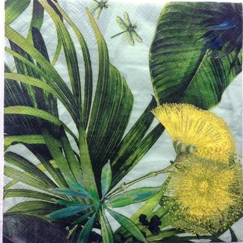 Serviette en papier motif dessins motifs feuillages verts et fleurs jaunes et bleues 