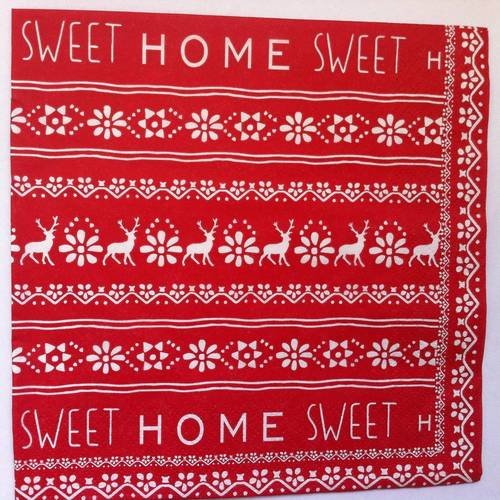 Serviette en papier motif noël - frise de flocons, de rennes, "home sweet home" point de croix 