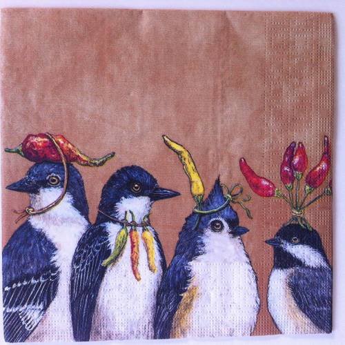 Serviette en papier motif coloré, 4 oiseaux et piments sur fond rouille 