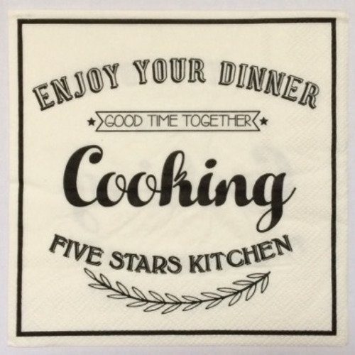 Serviette en papier motif "enjoy your dinner - cooking" en oir et blanc